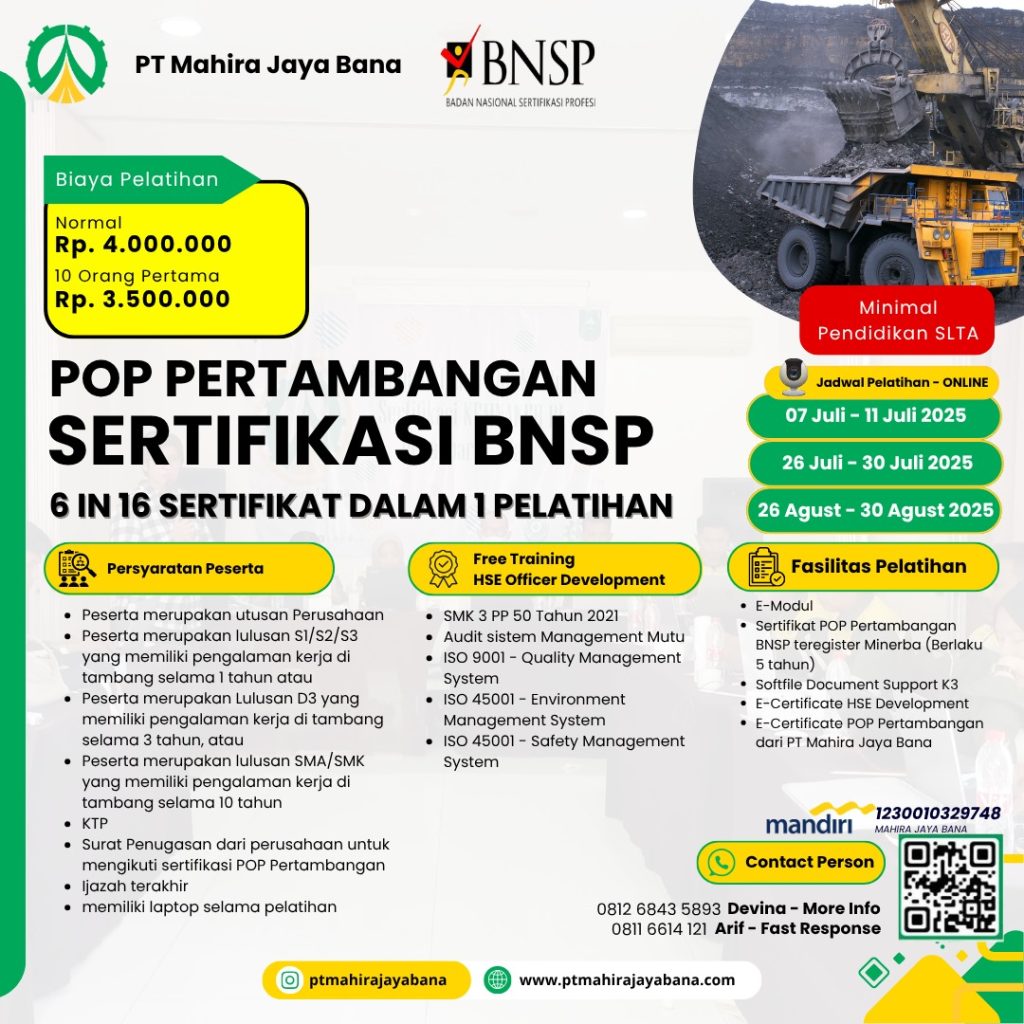 Pelatihan POP Pertambangan Sertifikasi BNSP - Mahira Jaya Bana